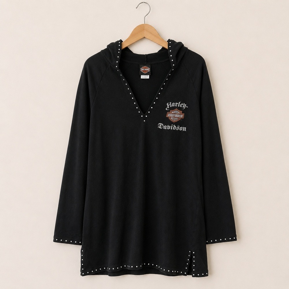Harley Davidson Biker Studded Hoodie Women Large Black Rhinestone Logo Y2K